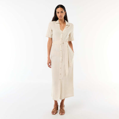 Vestido camisero largo de manga corta en algodón y lino BEIGE