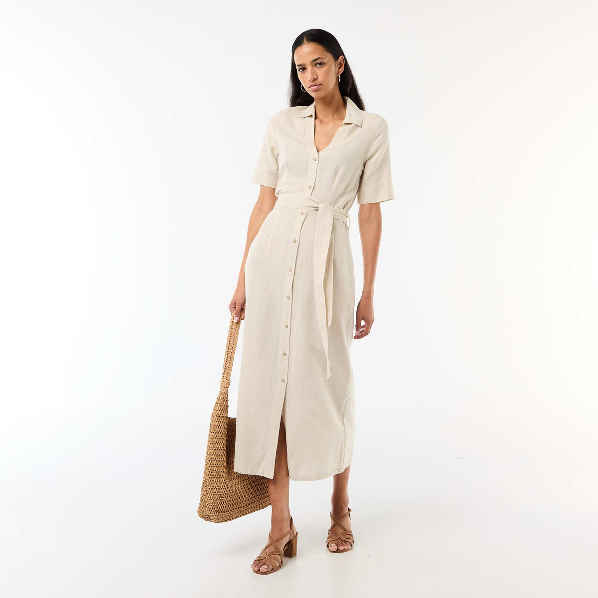 Vestido camisero largo de manga corta en algodón y lino BEIGE