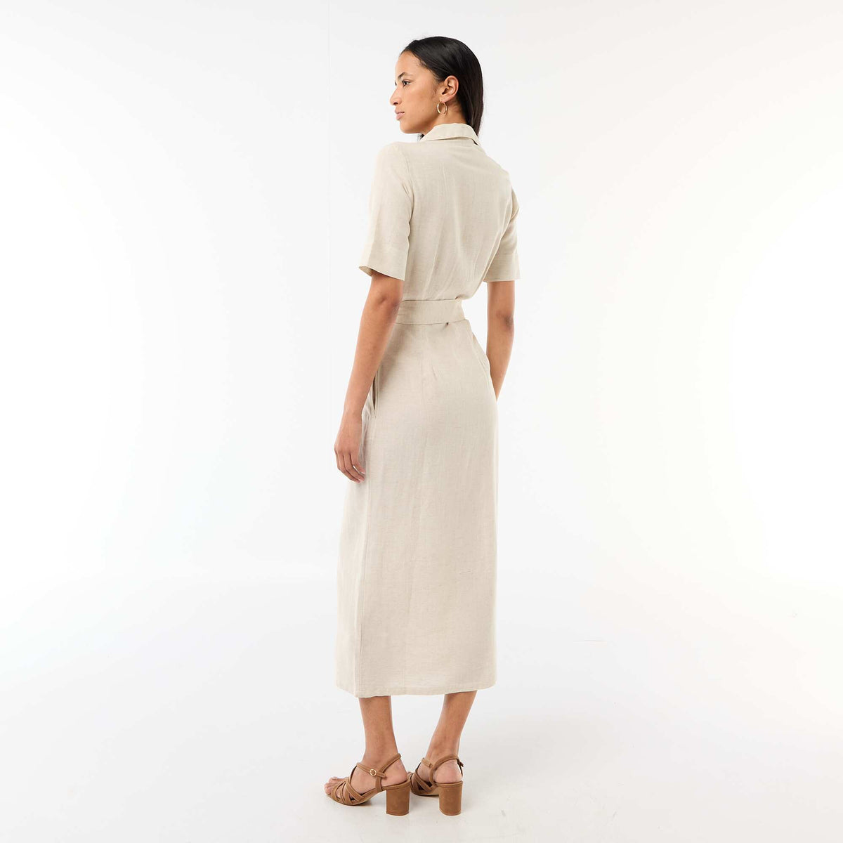 Vestido camisero largo de manga corta en algodón y lino BEIGE