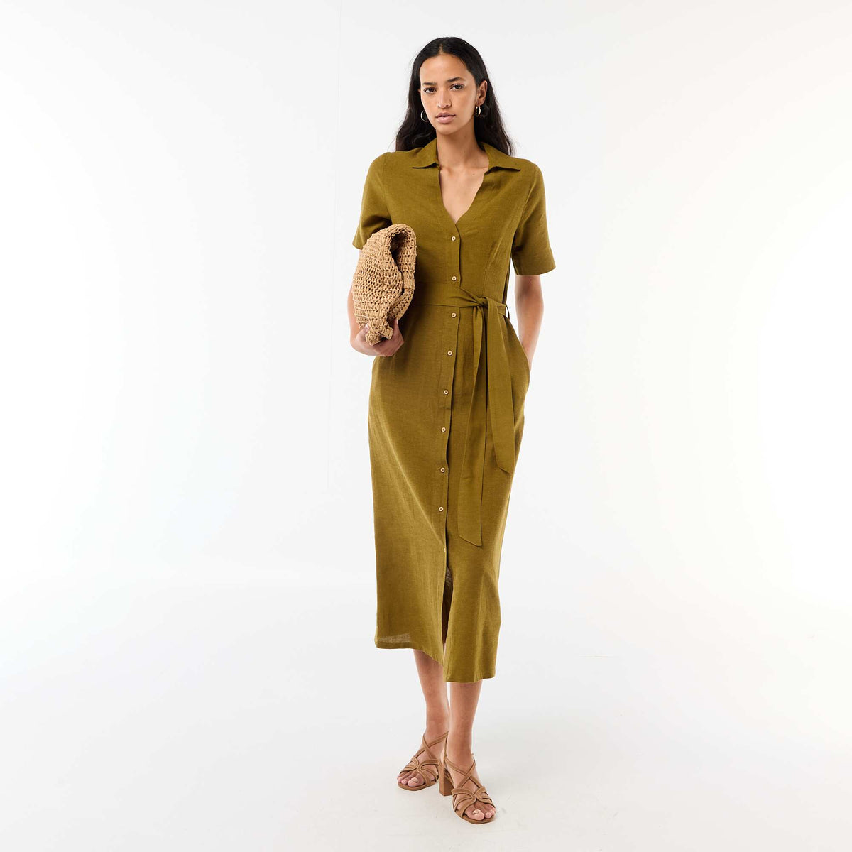 Vestido camisero largo de manga corta en algodón y lino VERDE