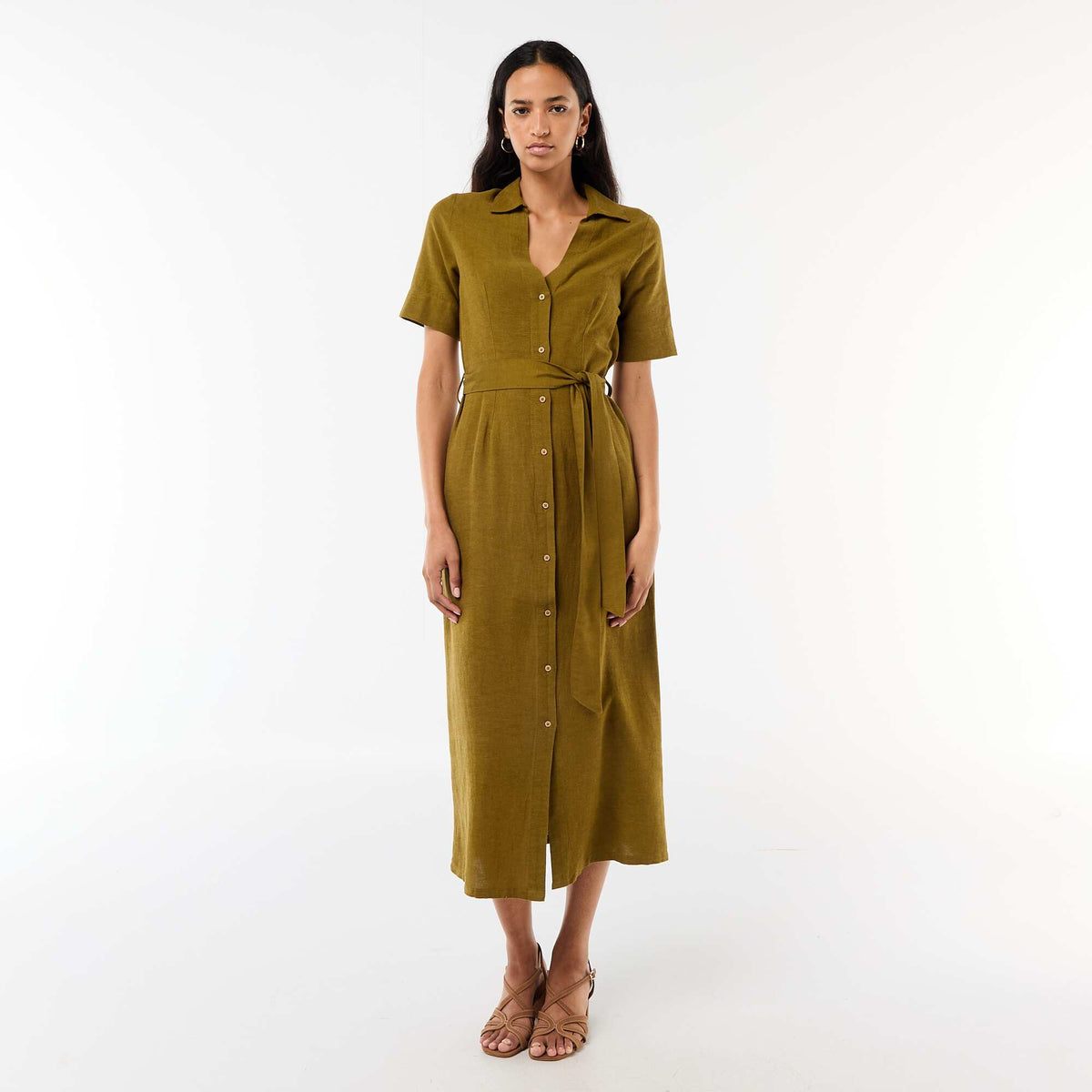Vestido camisero largo de manga corta en algodón y lino VERDE