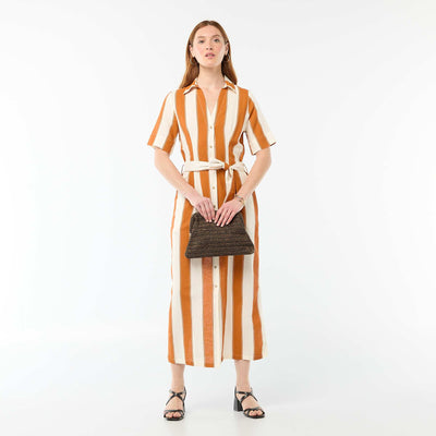 Vestido camisero largo de manga corta en algodón y lino ROSA