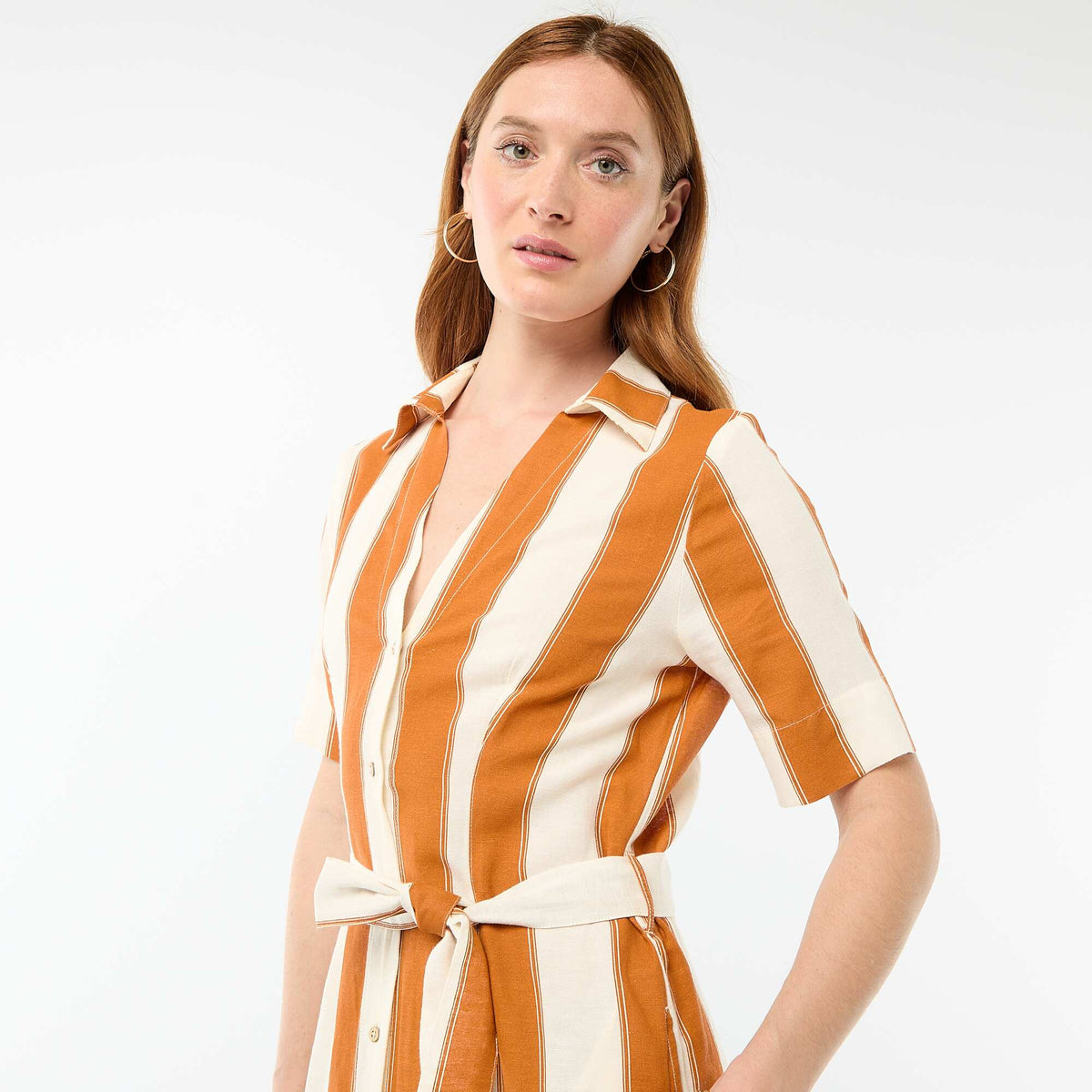 Vestido camisero largo de manga corta en algodón y lino ROSA