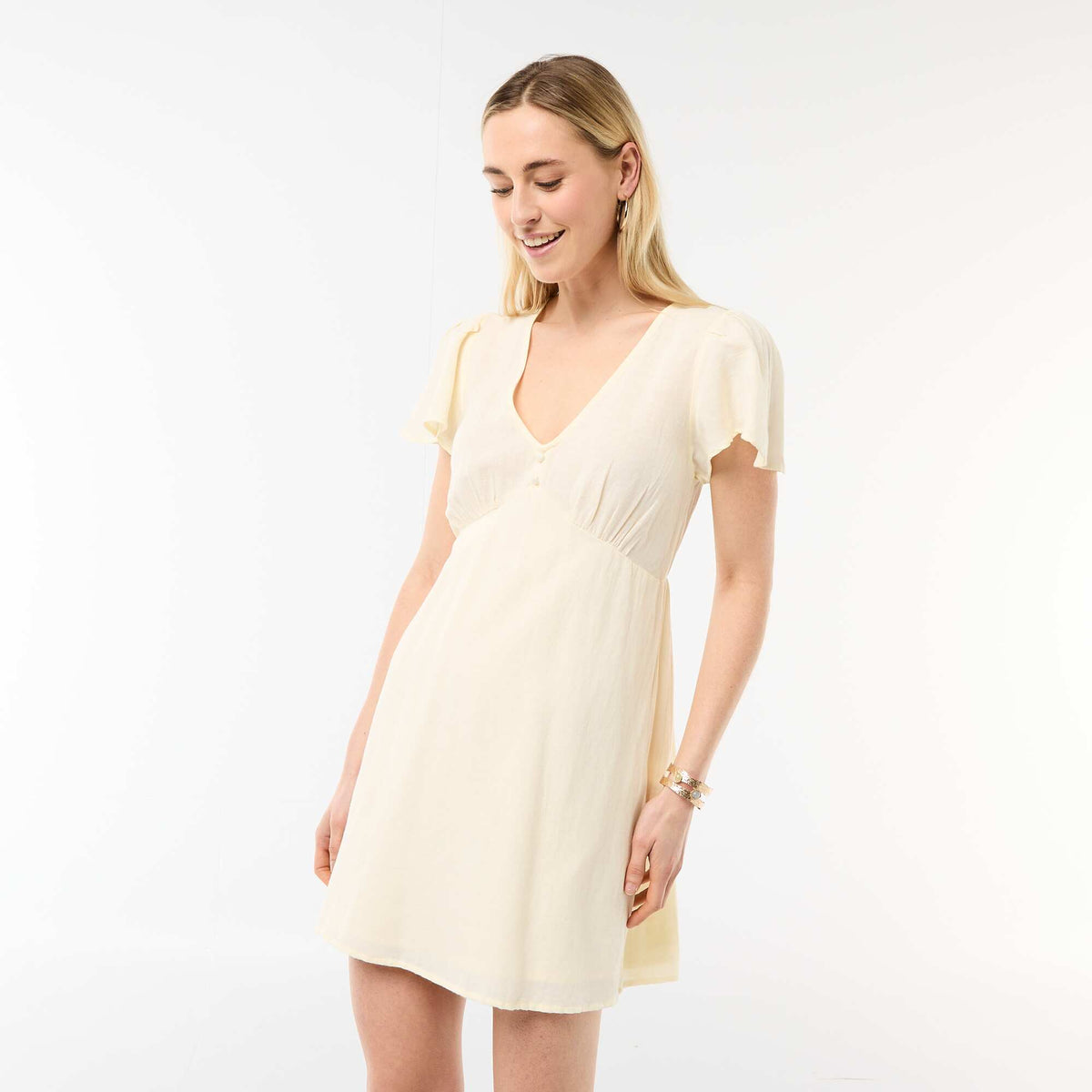 Vestido corto de mangas mariposa en algodón y lino AMARILLO