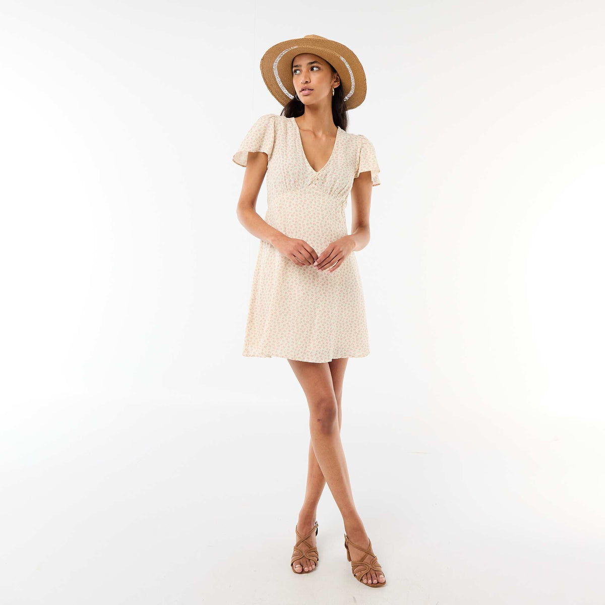 Vestido corto de manga mariposa en algodón y lino BLANCO