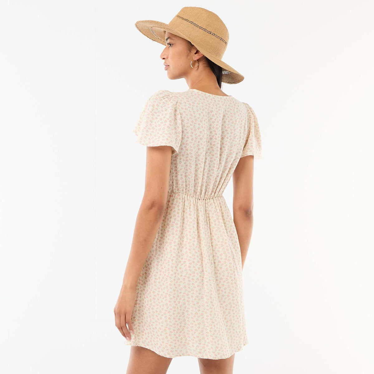 Vestido corto de manga mariposa en algodón y lino BLANCO