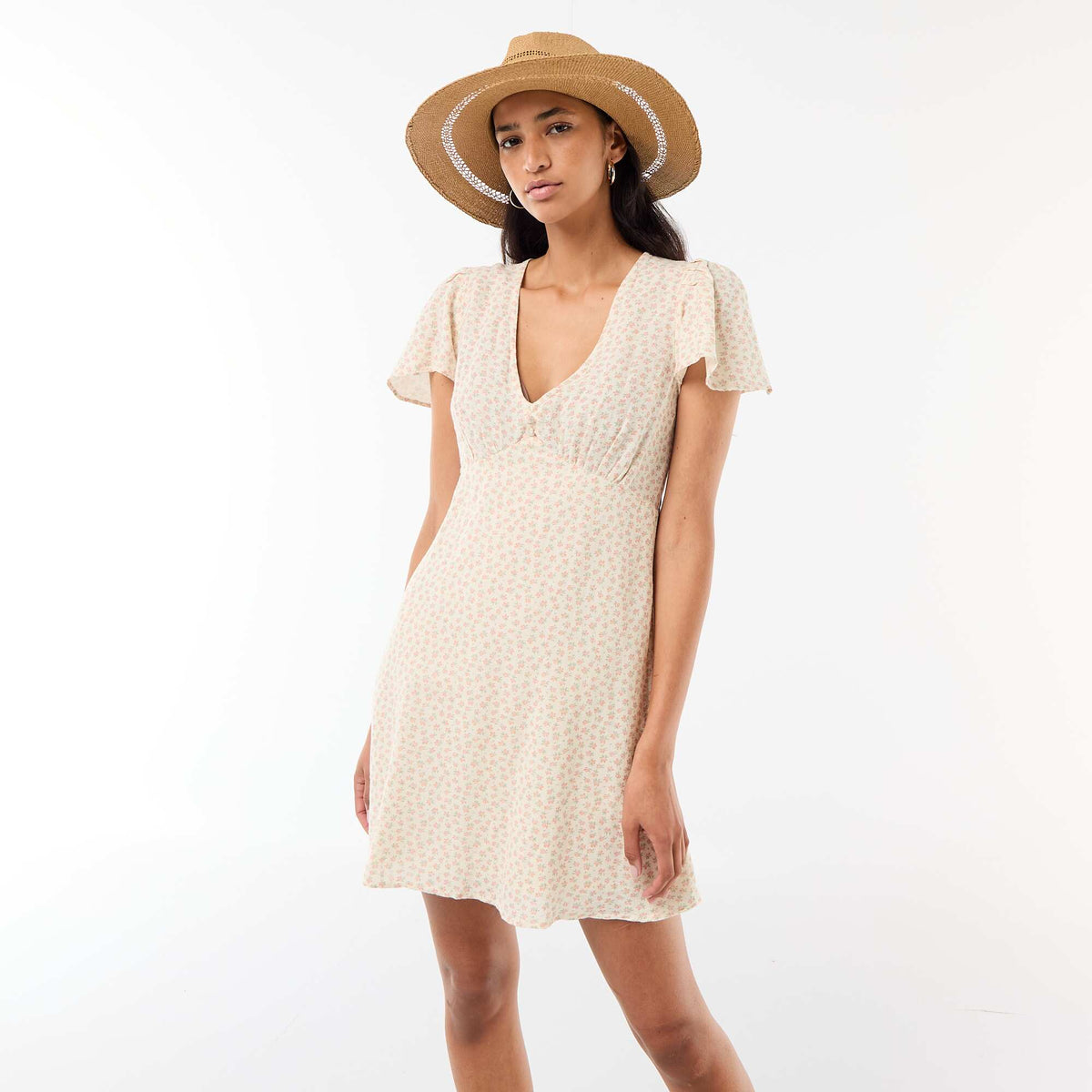 Vestido corto de manga mariposa en algodón y lino BLANCO