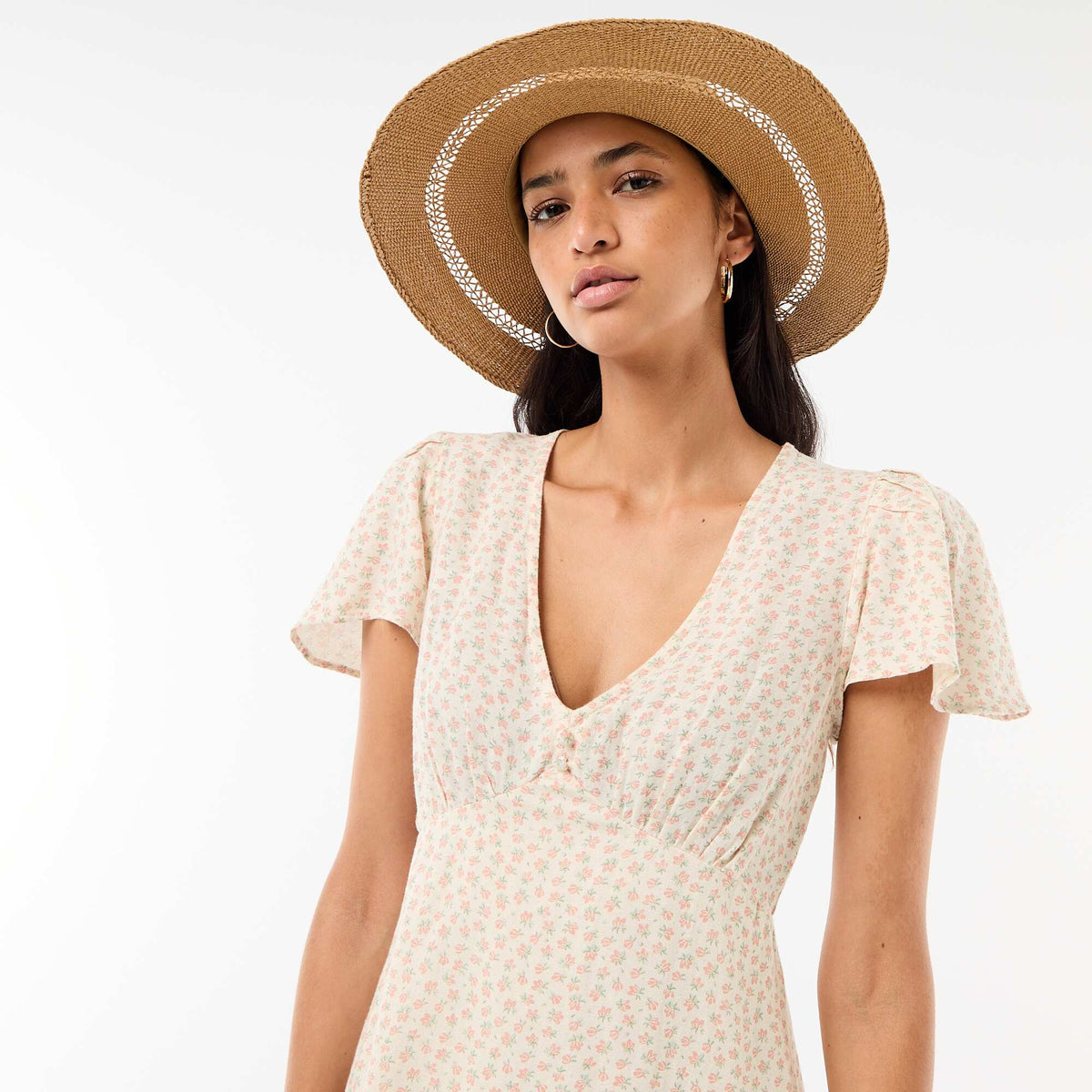 Vestido corto de manga mariposa en algodón y lino BLANCO