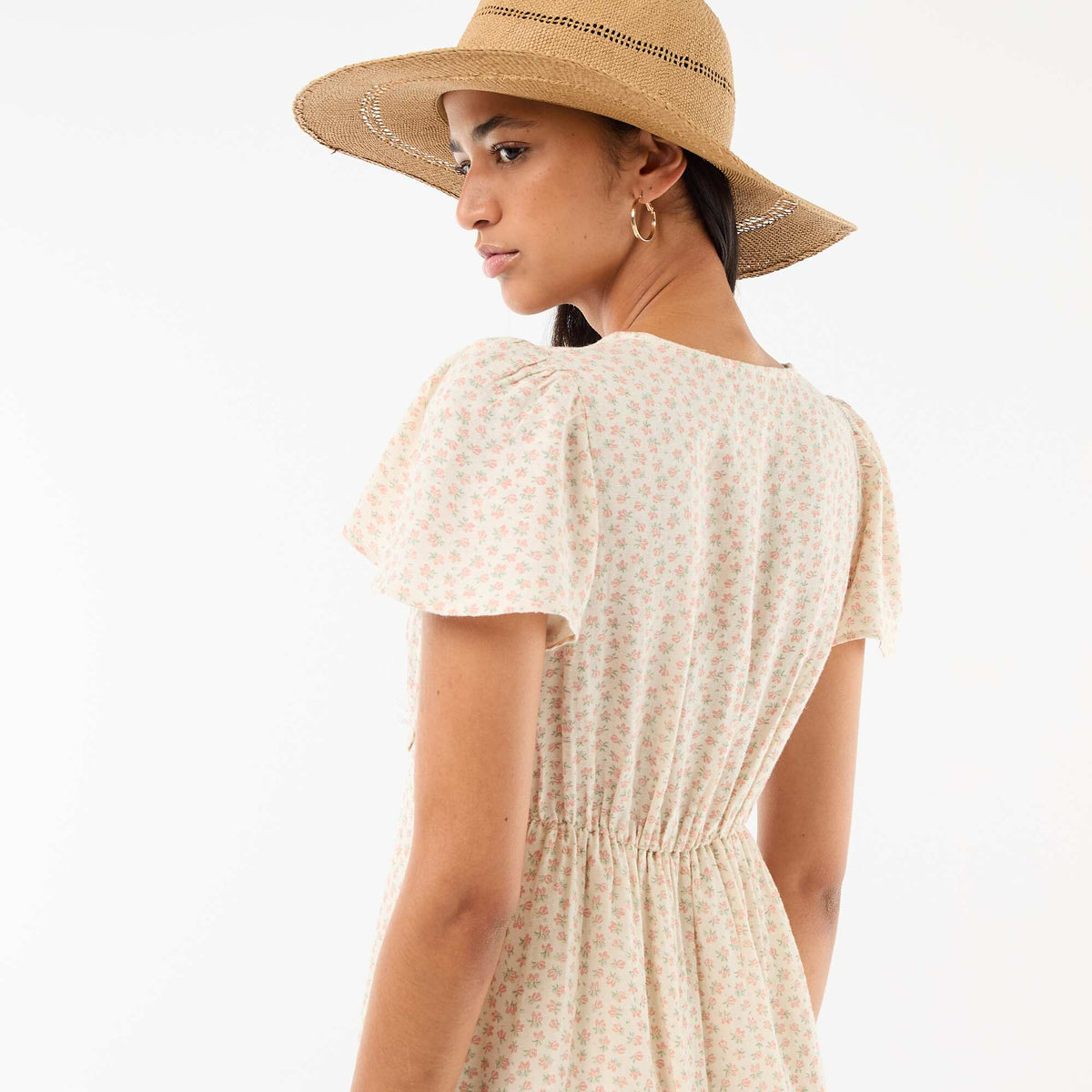 Vestido corto de manga mariposa en algodón y lino BLANCO