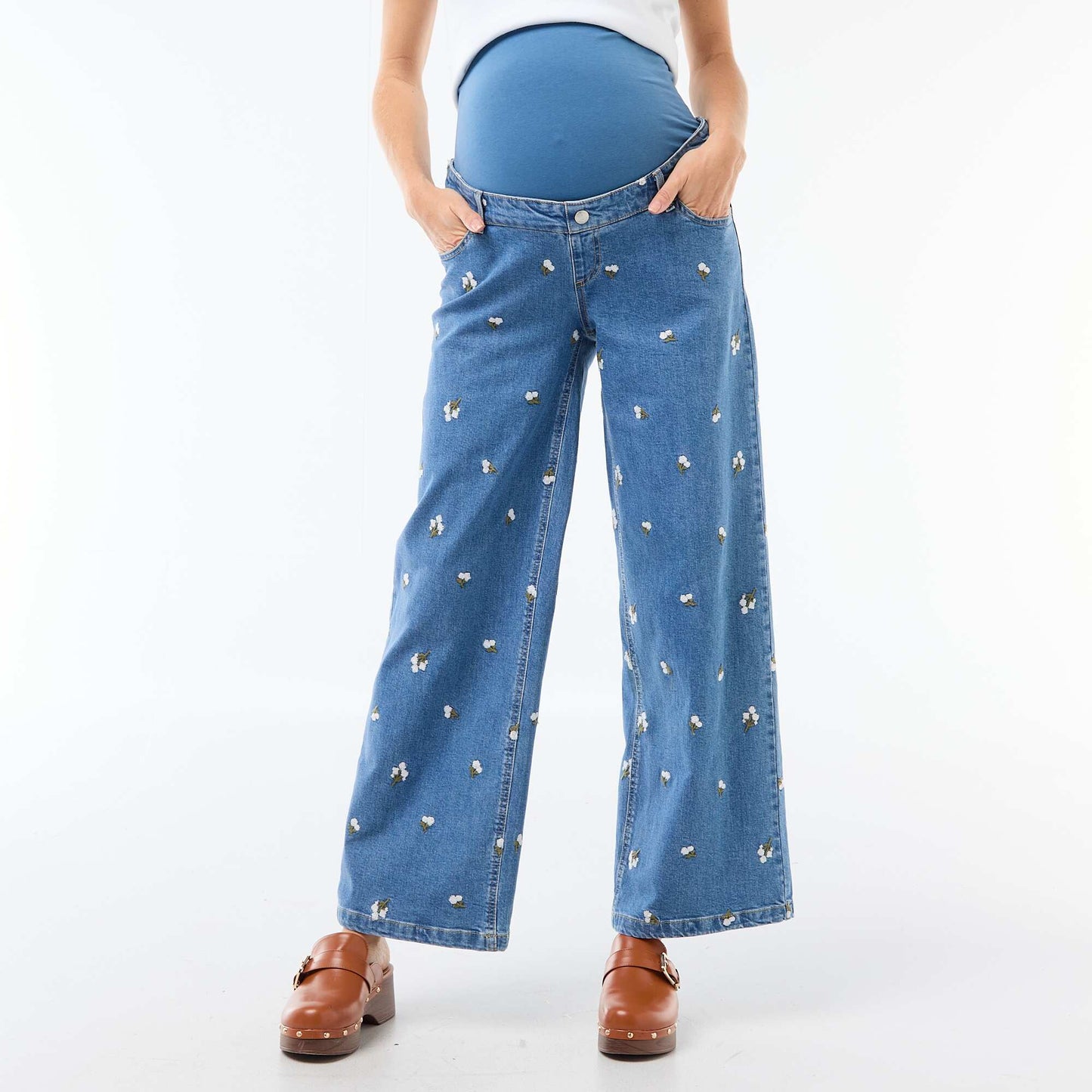 Pantalón de embarazo con cinturón elástico y motivo bordado AZUL