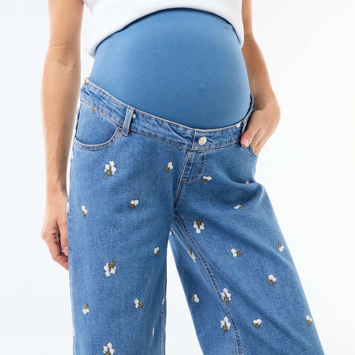 Pantalón de embarazo con cinturón elástico y motivo bordado AZUL