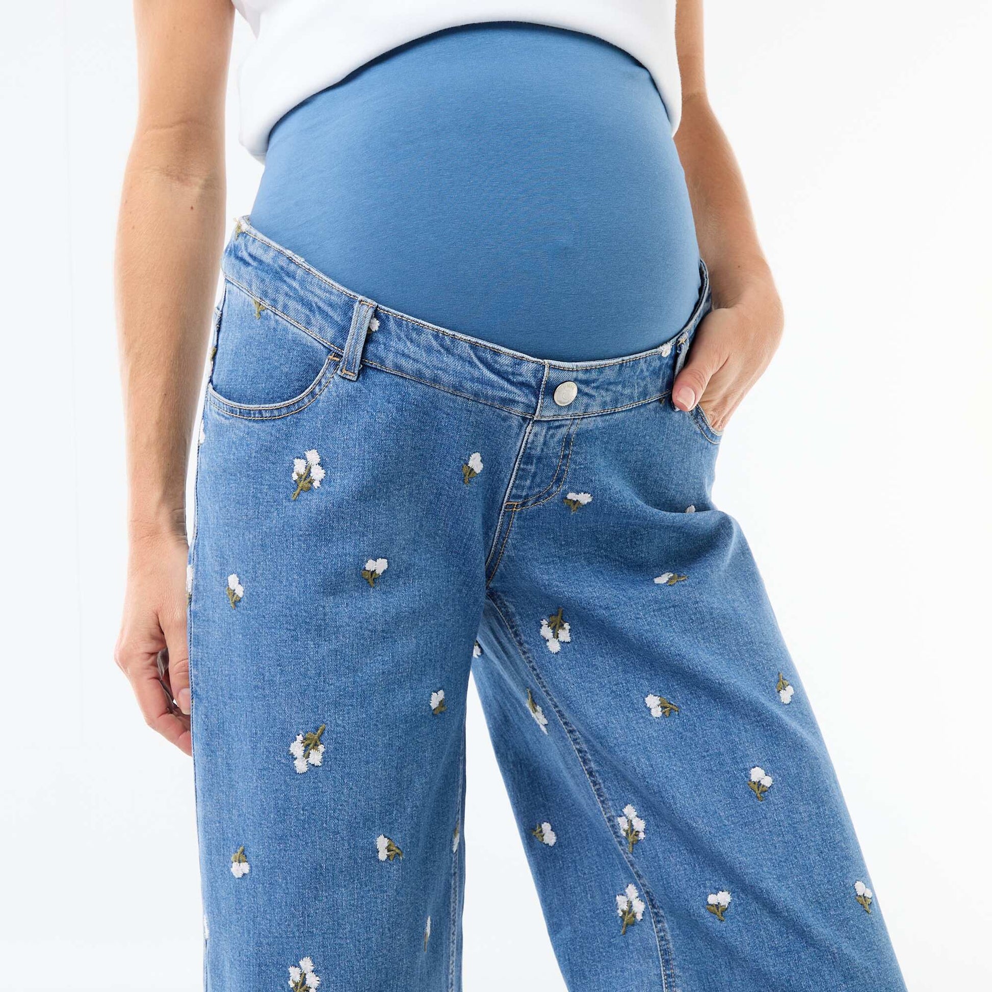 Pantalón de embarazo con cinturón elástico y motivo bordado AZUL