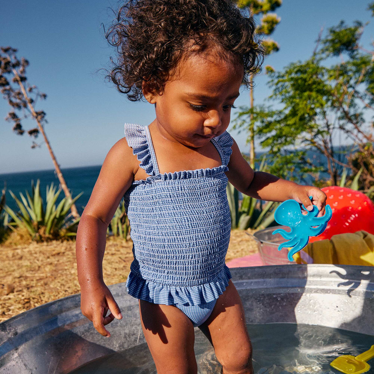 Bañador de una pieza smock con volantes AZUL