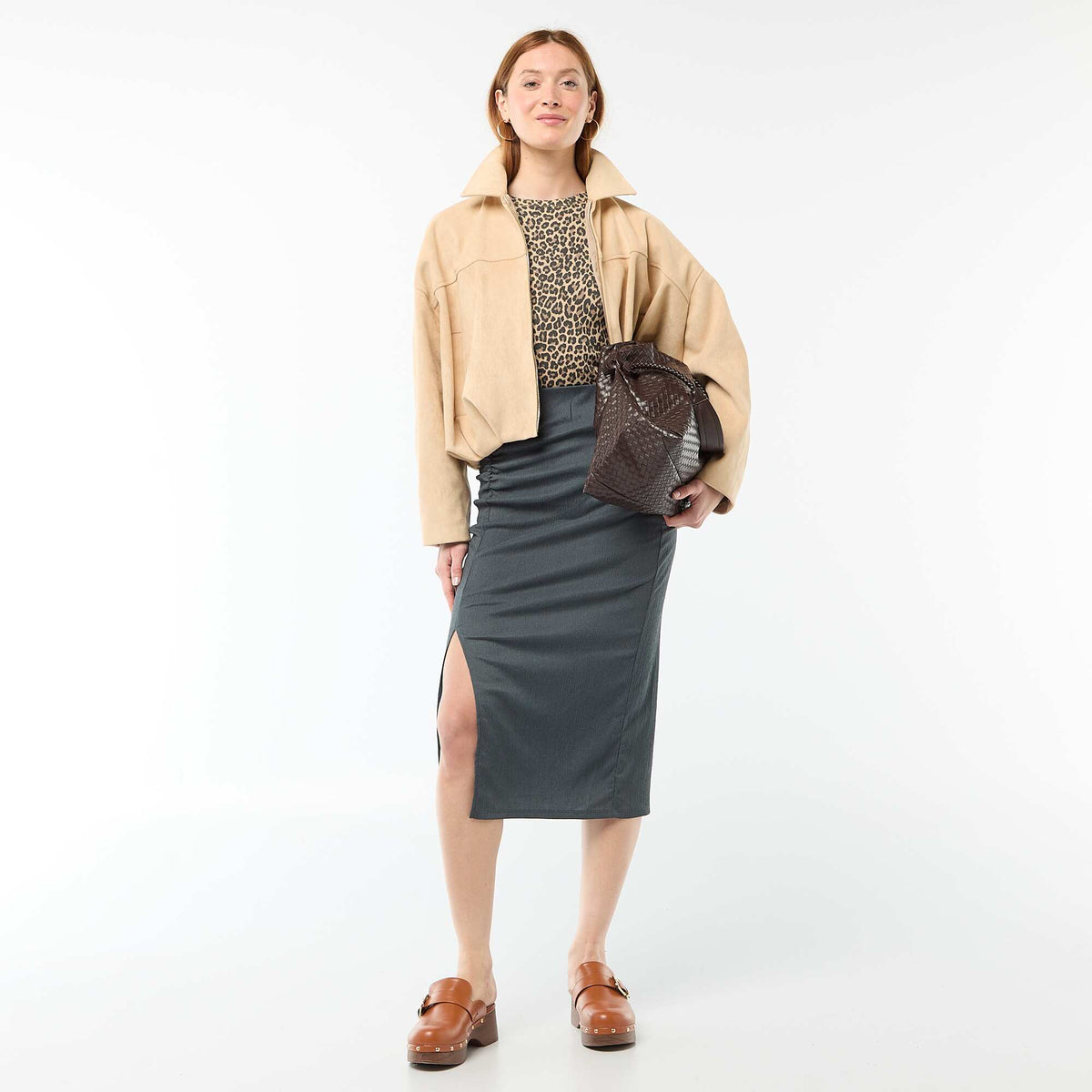 Falda midi de punto texturizado GRIS