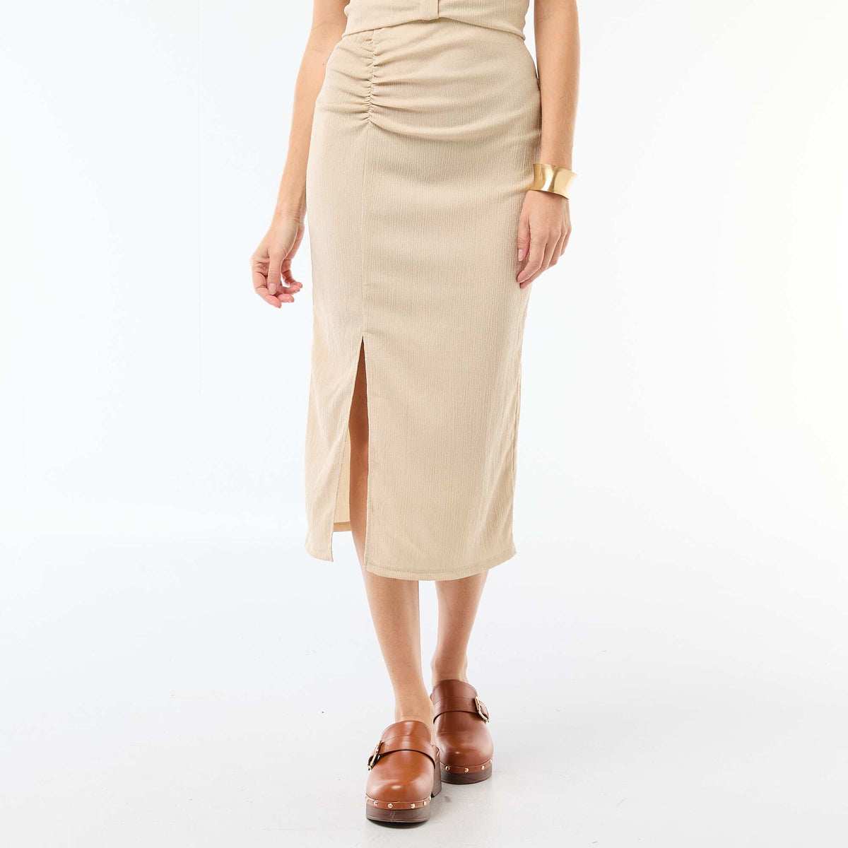 Falda midi de punto texturizado BEIGE