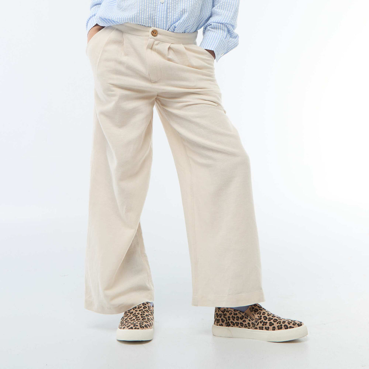 Pantalón ancho de lino mezclado BLANCO