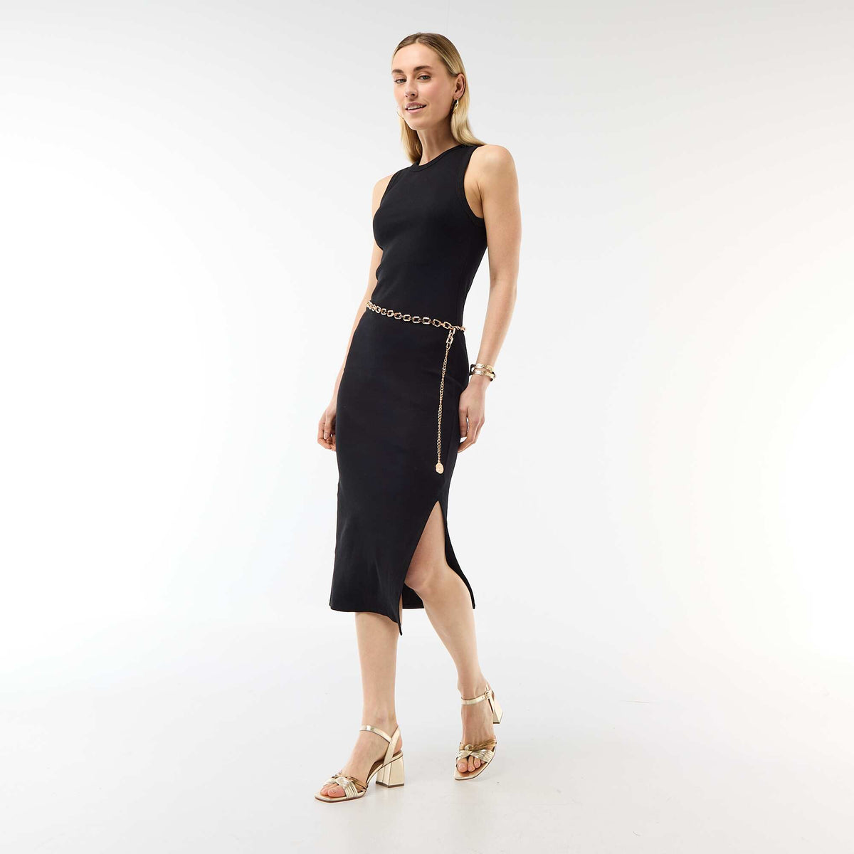 Vestido midi de canalé sin mangas NEGRO