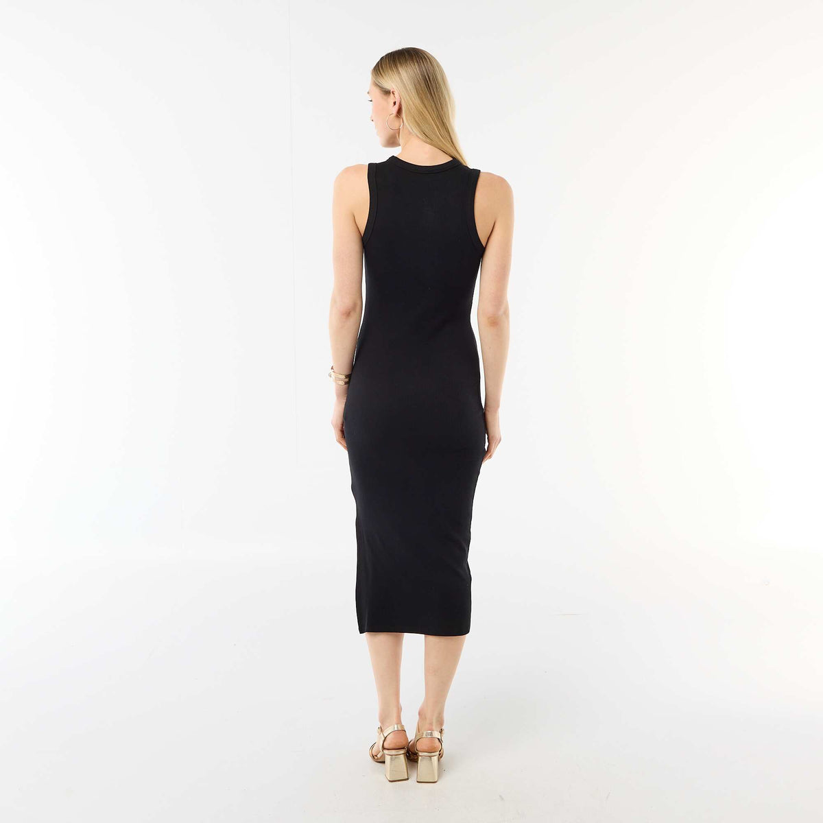 Vestido midi de canalé sin mangas NEGRO