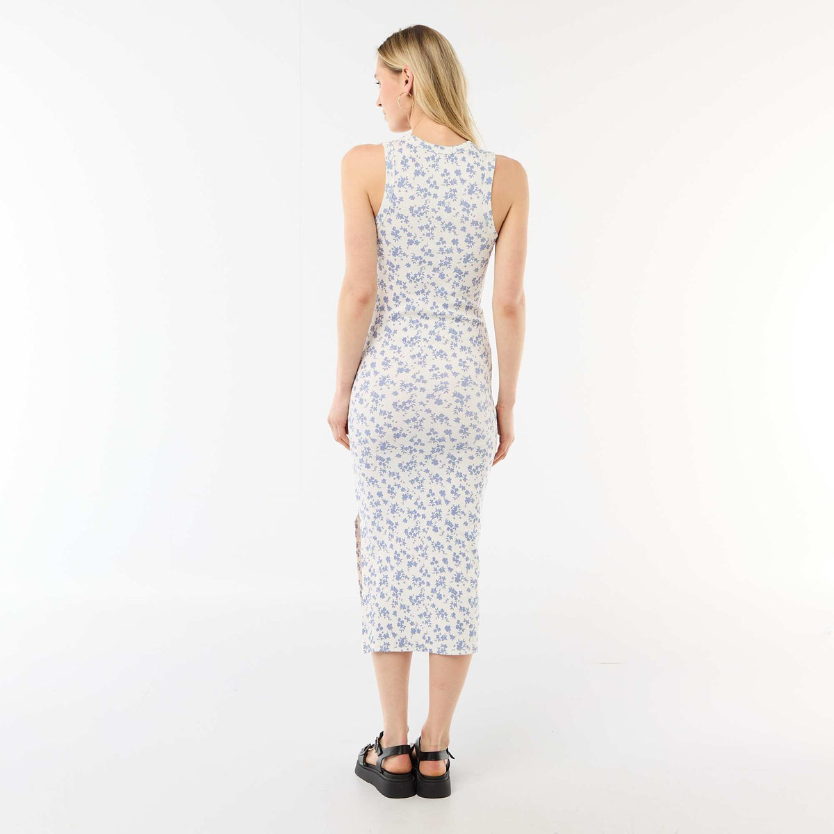 Vestido midi de canalé sin mangas BEIGE