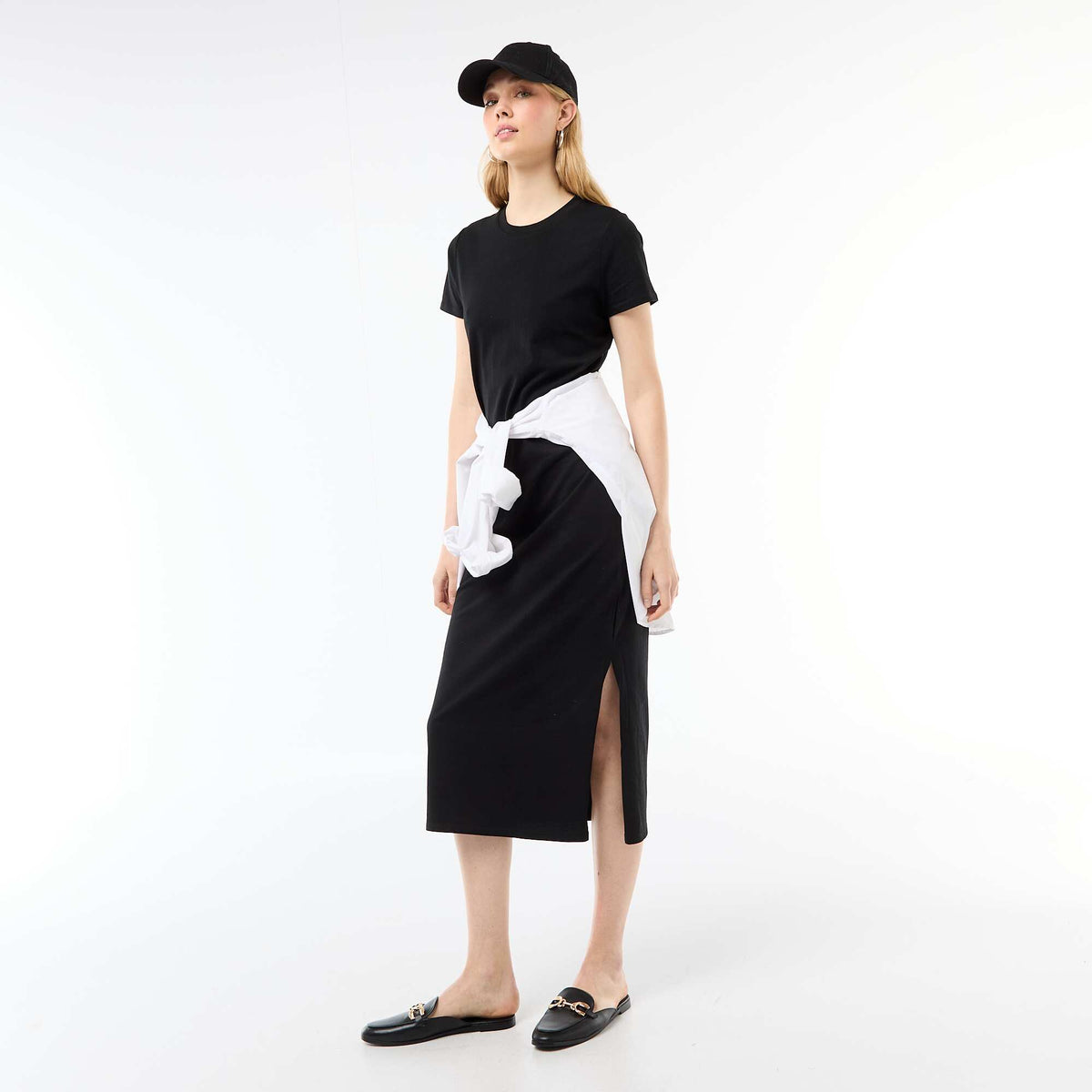 Vestido largo de punto manga corta NEGRO