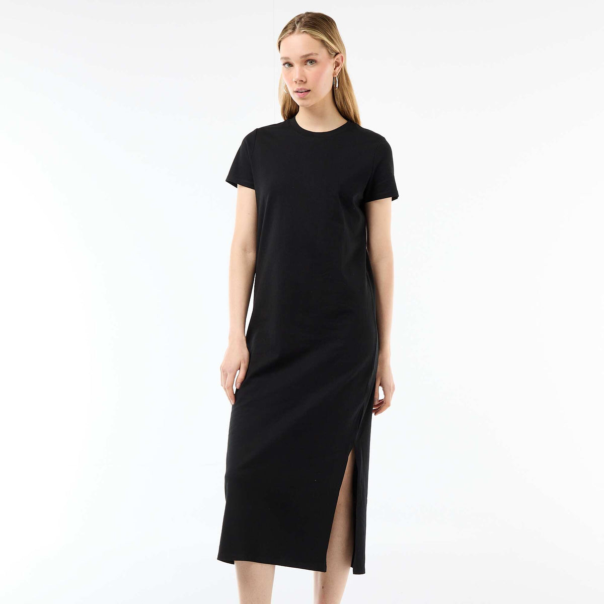 Vestido largo de punto manga corta NEGRO
