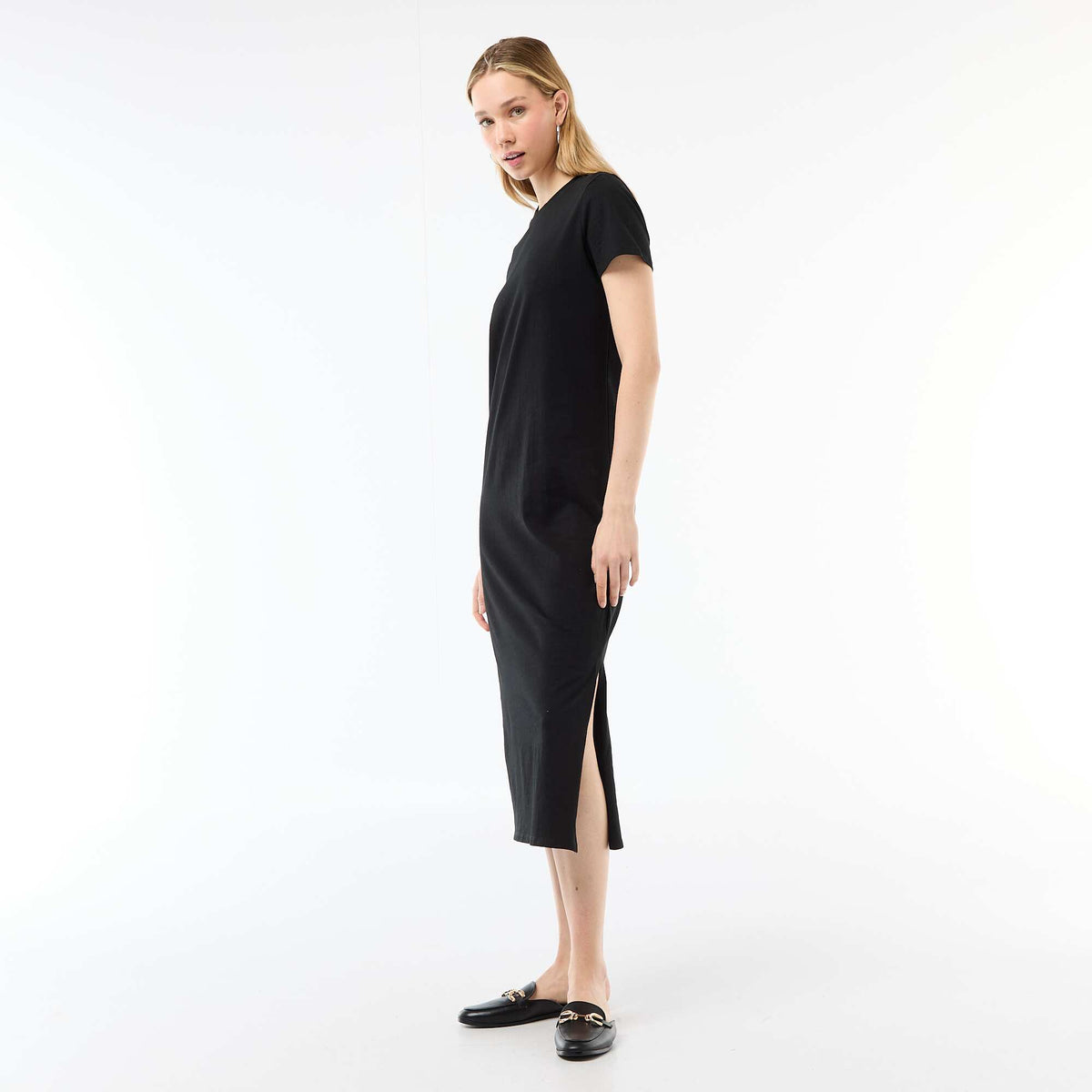 Vestido largo de punto manga corta NEGRO