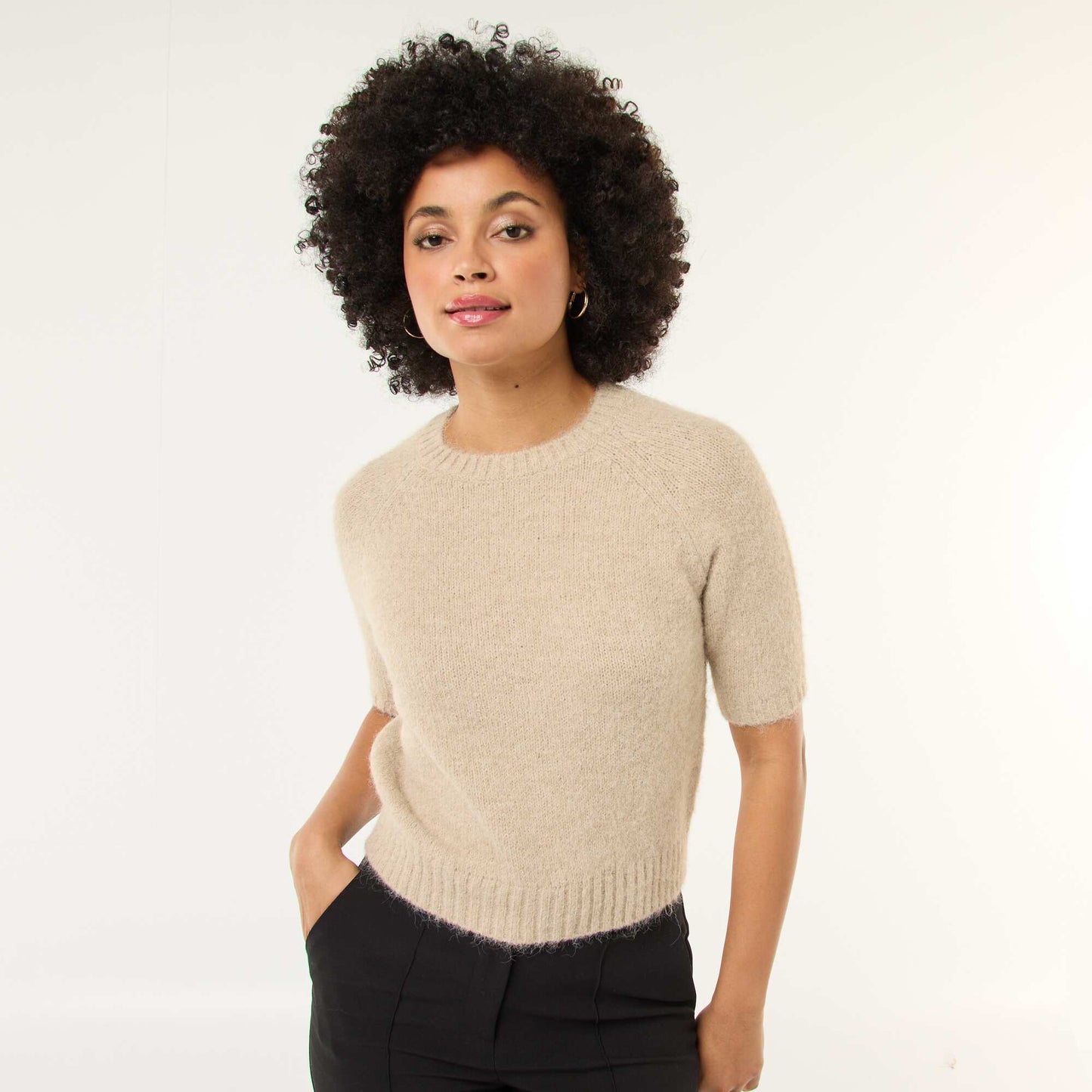 Sweater de punto grueso de manga corta BEIGE