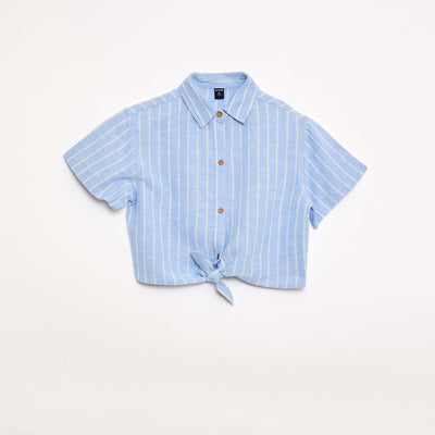Camisa de manga corta de lino mezclado AZUL