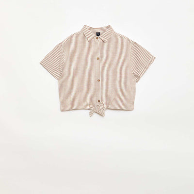 Camisa de manga corta de lino mezclado BEIGE
