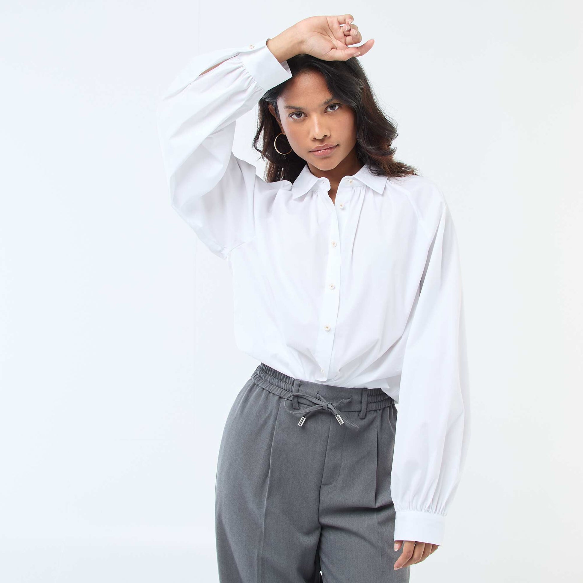 Camisa de popelina de mangas anchas BLANCO