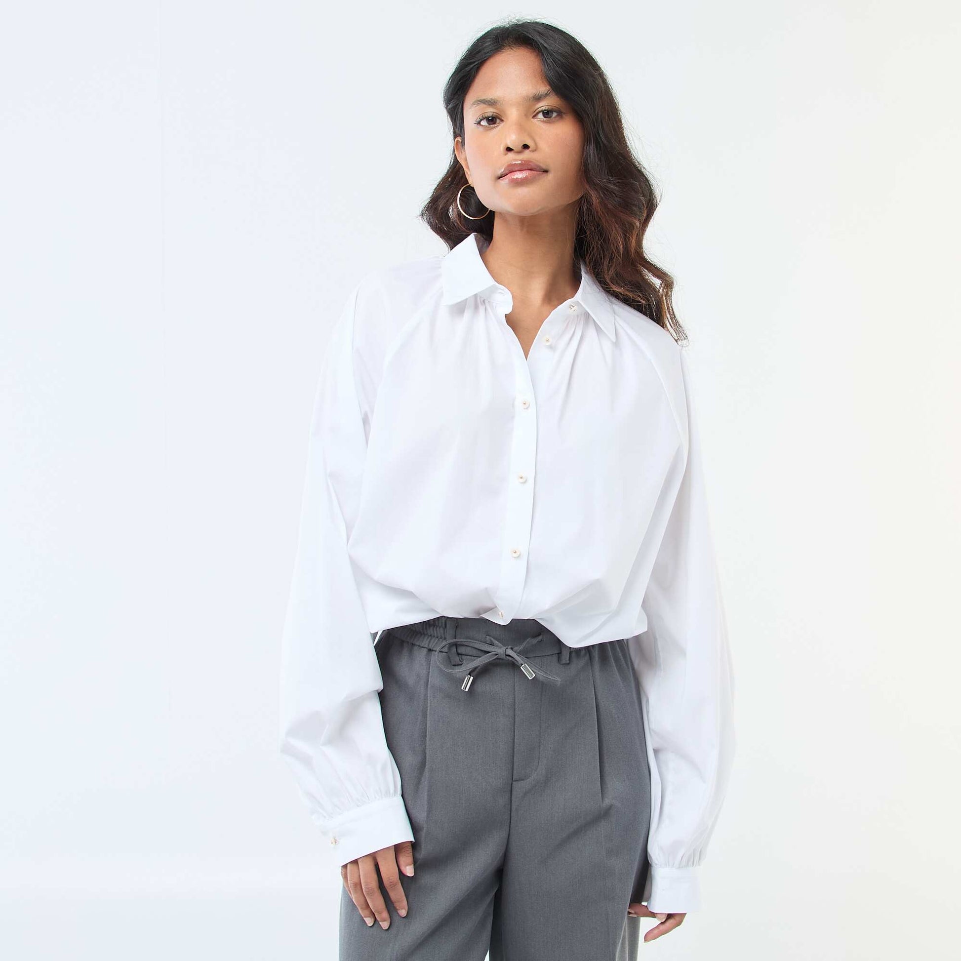 Camisa de popelina de mangas anchas BLANCO