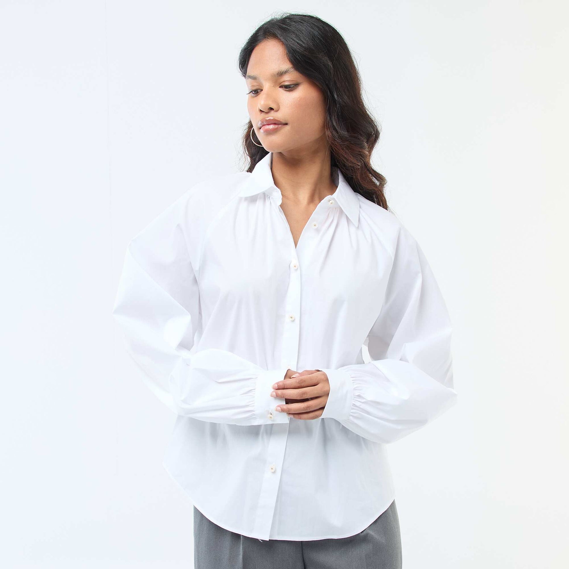 Camisa de popelina de mangas anchas BLANCO