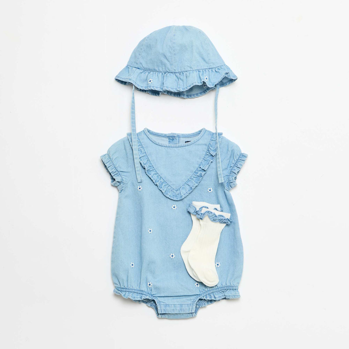 Conjunto de 3 piezas pelele + sombrero + medias AZUL