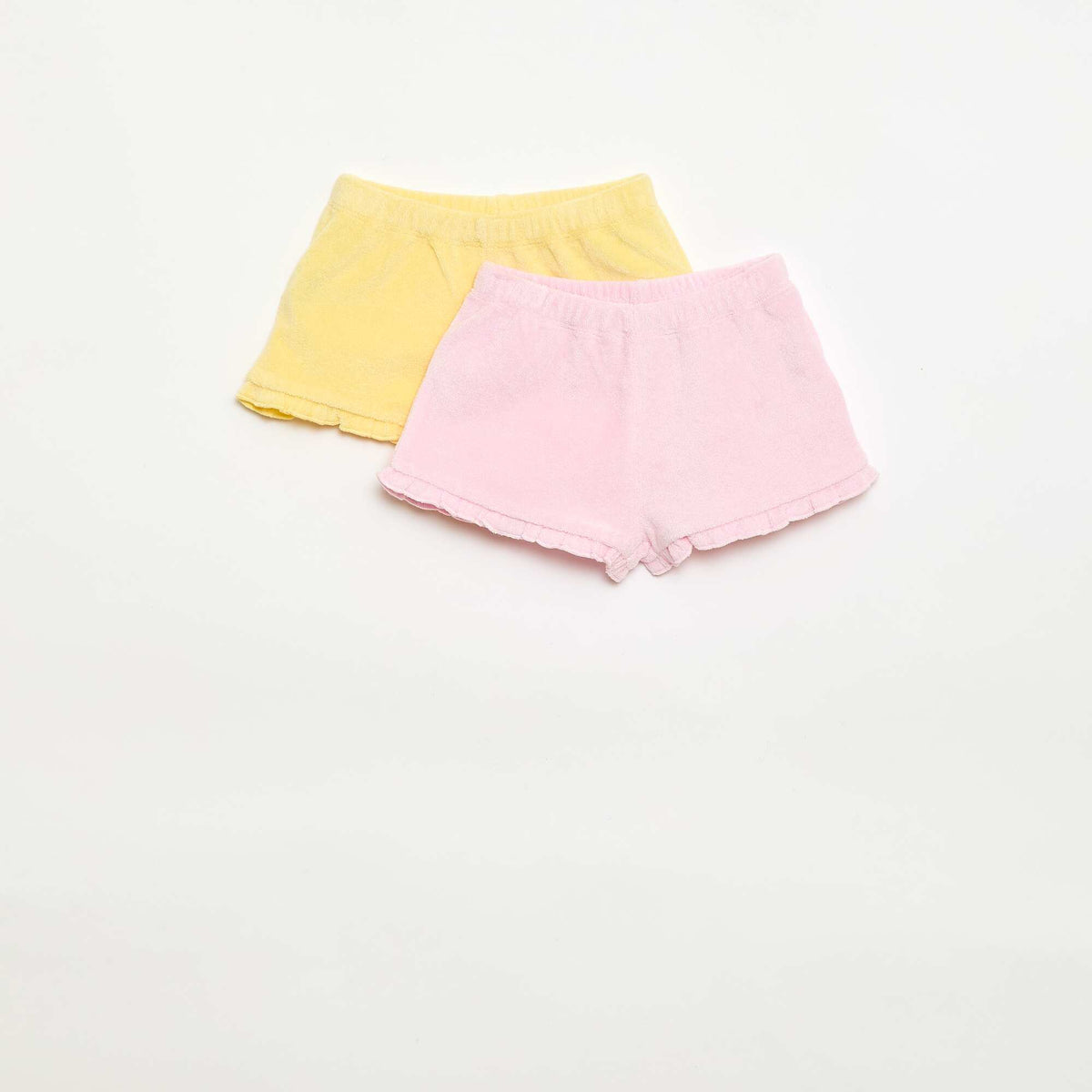 Pack de 2 pantalones cortos lisos de rizo con volantes AMARILLO