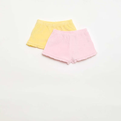 Pack de 2 pantalones cortos lisos de rizo con volantes AMARILLO