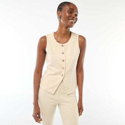 Top sin mangas abotonado de punto suave BEIGE