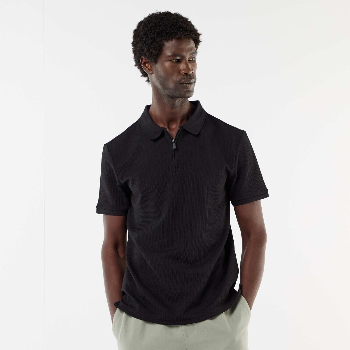 Remera de nido de abeja con cuello de cremallera NEGRO