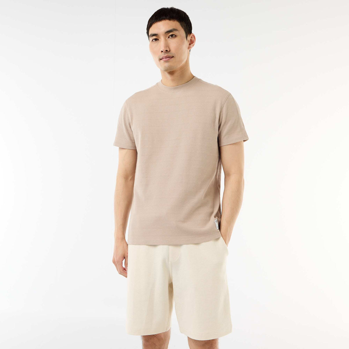 Camiseta de cuello redondo y manga corta en nido de abeja BEIGE