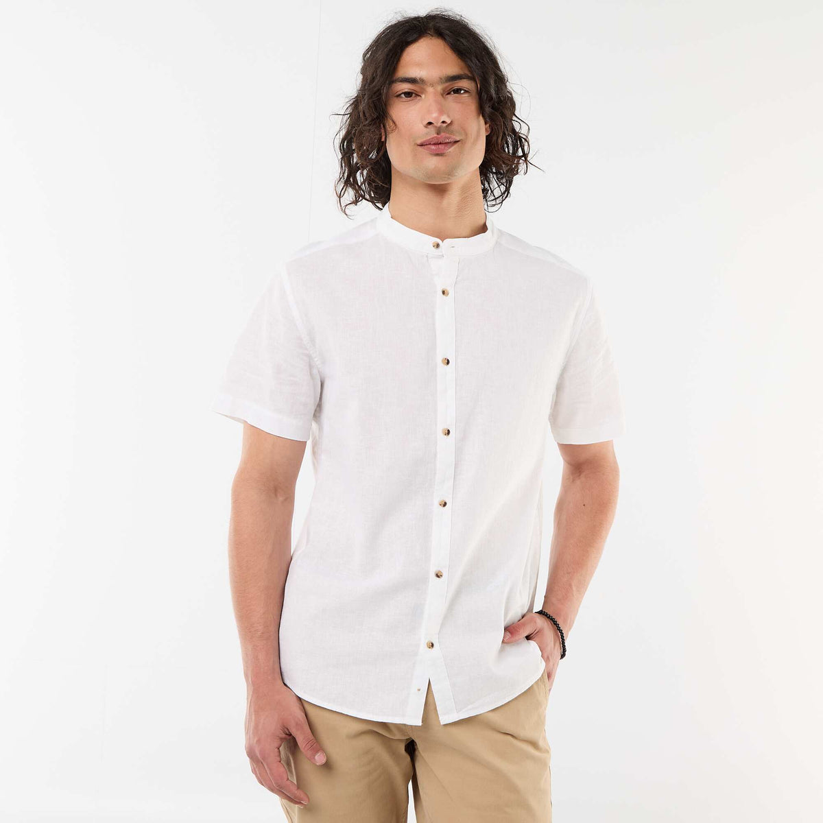 Camisa lisa de manga corta y cuello mao en mezcla de lino BLANCO
