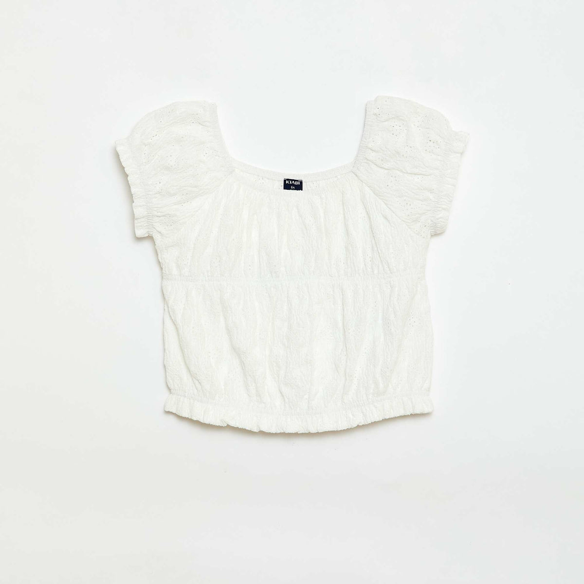 Camiseta con efecto fruncido y bordado inglés BLANCO