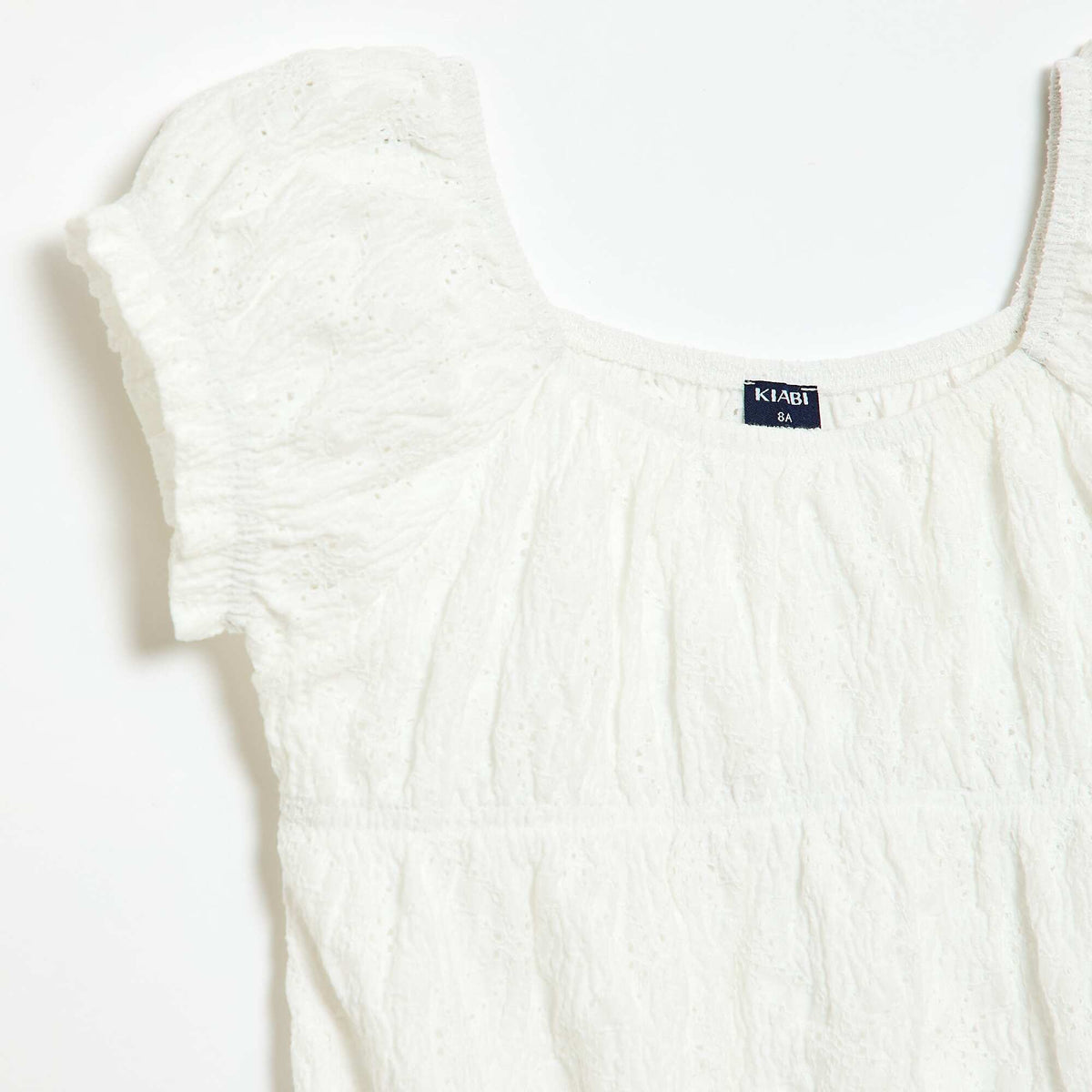 Camiseta con efecto fruncido y bordado inglés BLANCO