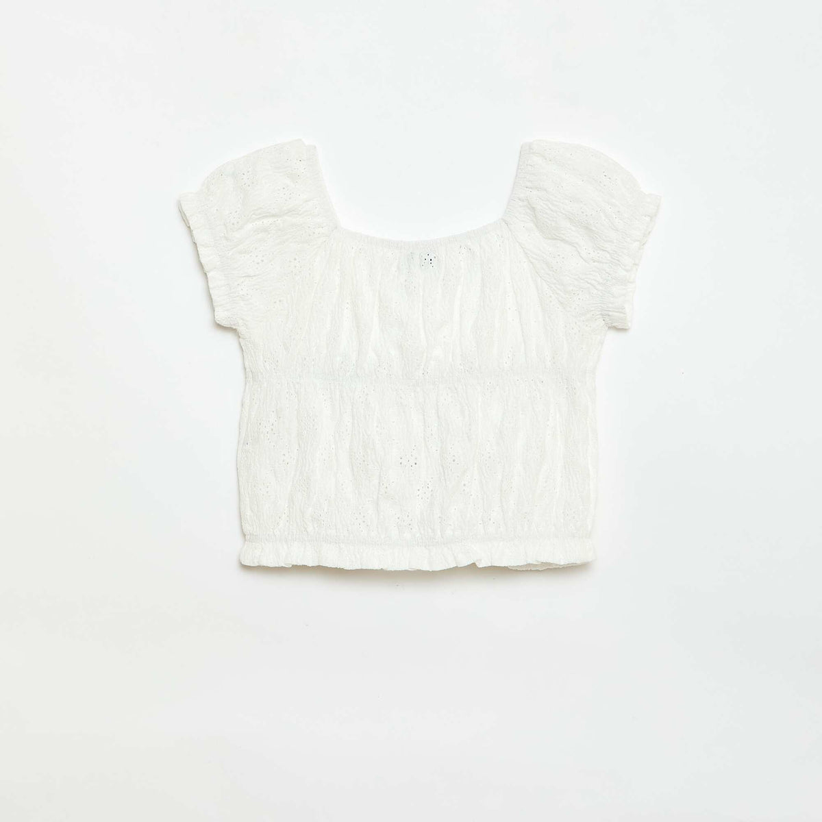 Camiseta con efecto fruncido y bordado inglés BLANCO