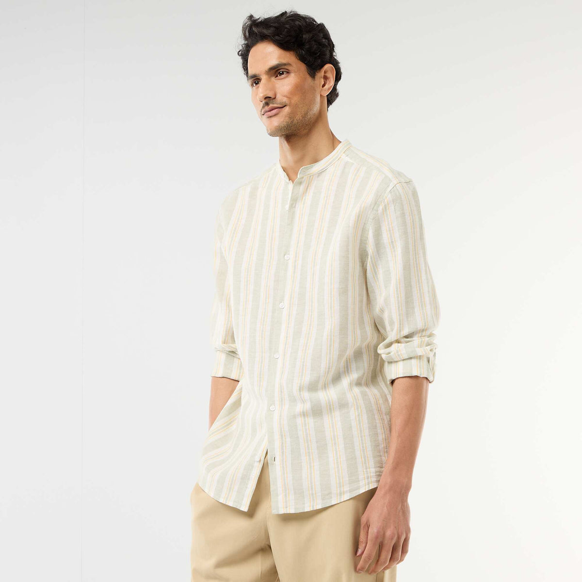 Camisa de rayas con cuello mao y mangas remangables VERDE