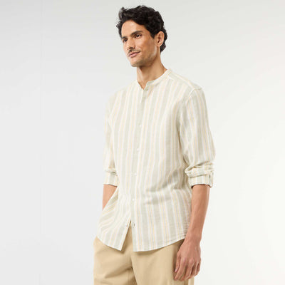 Camisa de rayas con cuello mao y mangas remangables VERDE