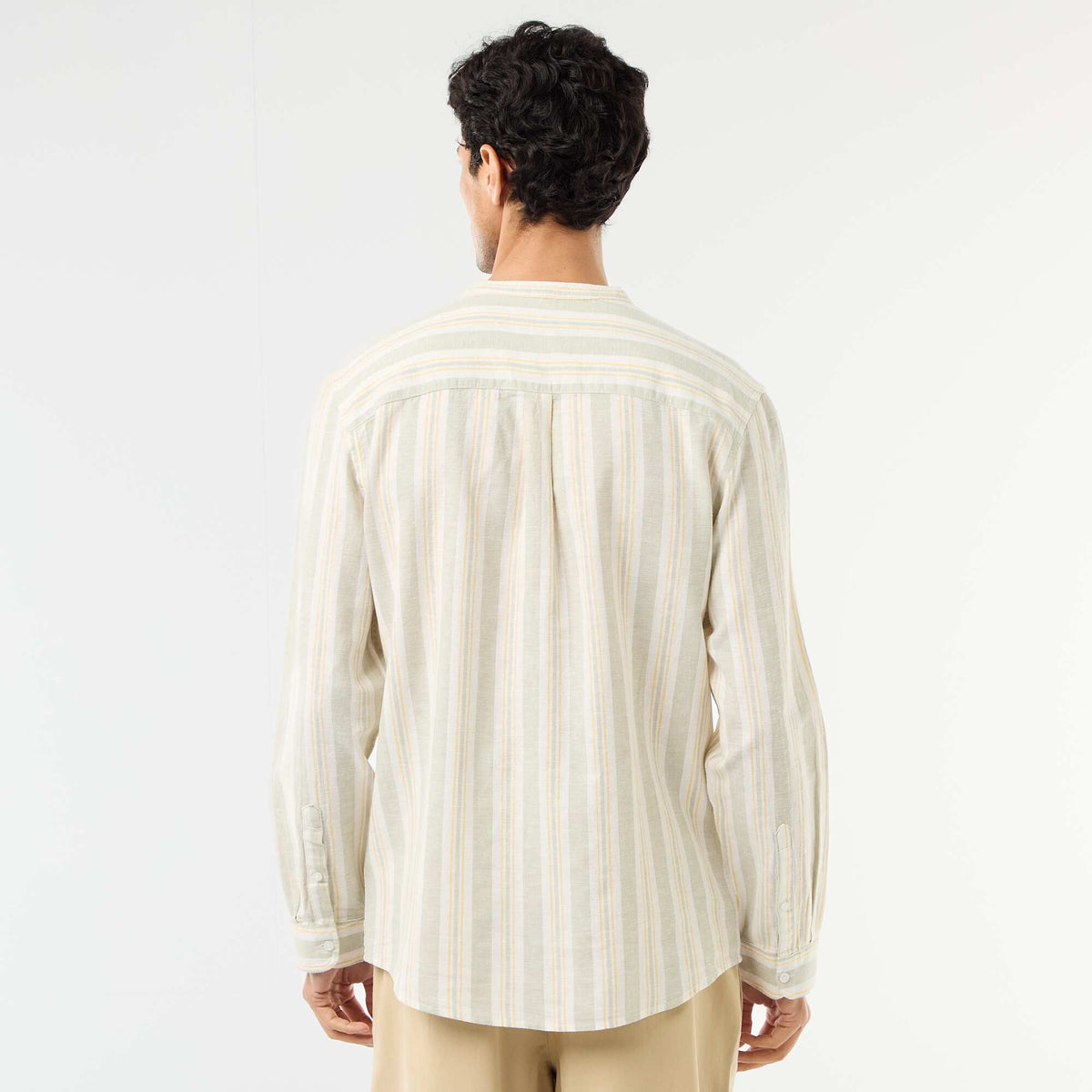 Camisa de rayas con cuello mao y mangas remangables VERDE
