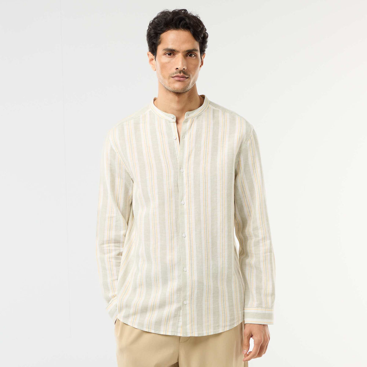 Camisa de rayas con cuello mao y mangas remangables VERDE