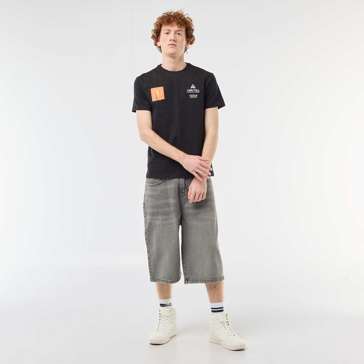 Camiseta de cuello redondo estampada en algodón BLANCO