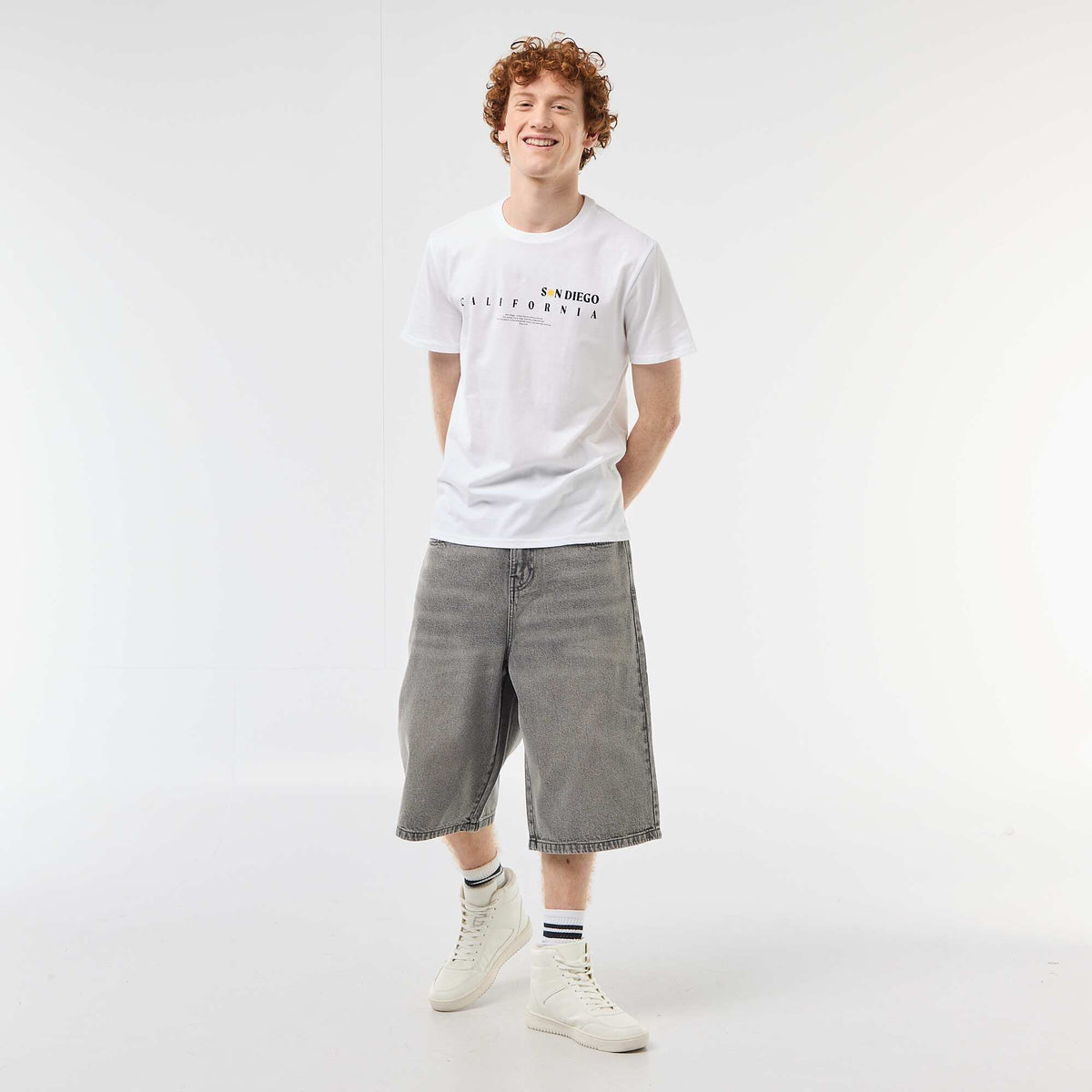 Camiseta de cuello redondo estampada en algodón BLANCO