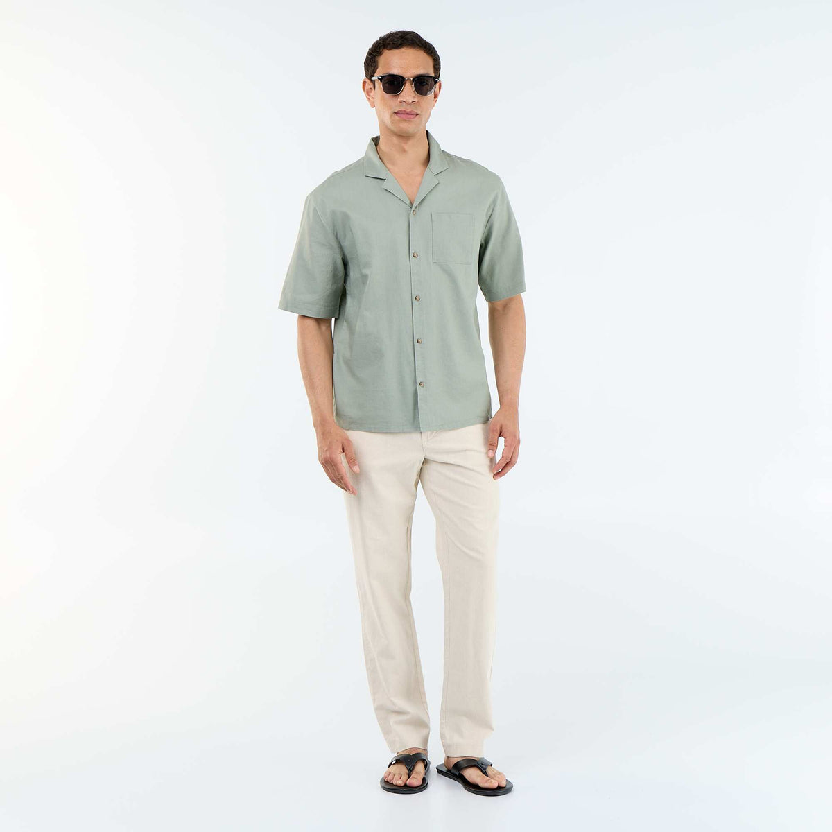 Camisa de manga corta de lino mezclado con bolsillo en el pecho VERDE