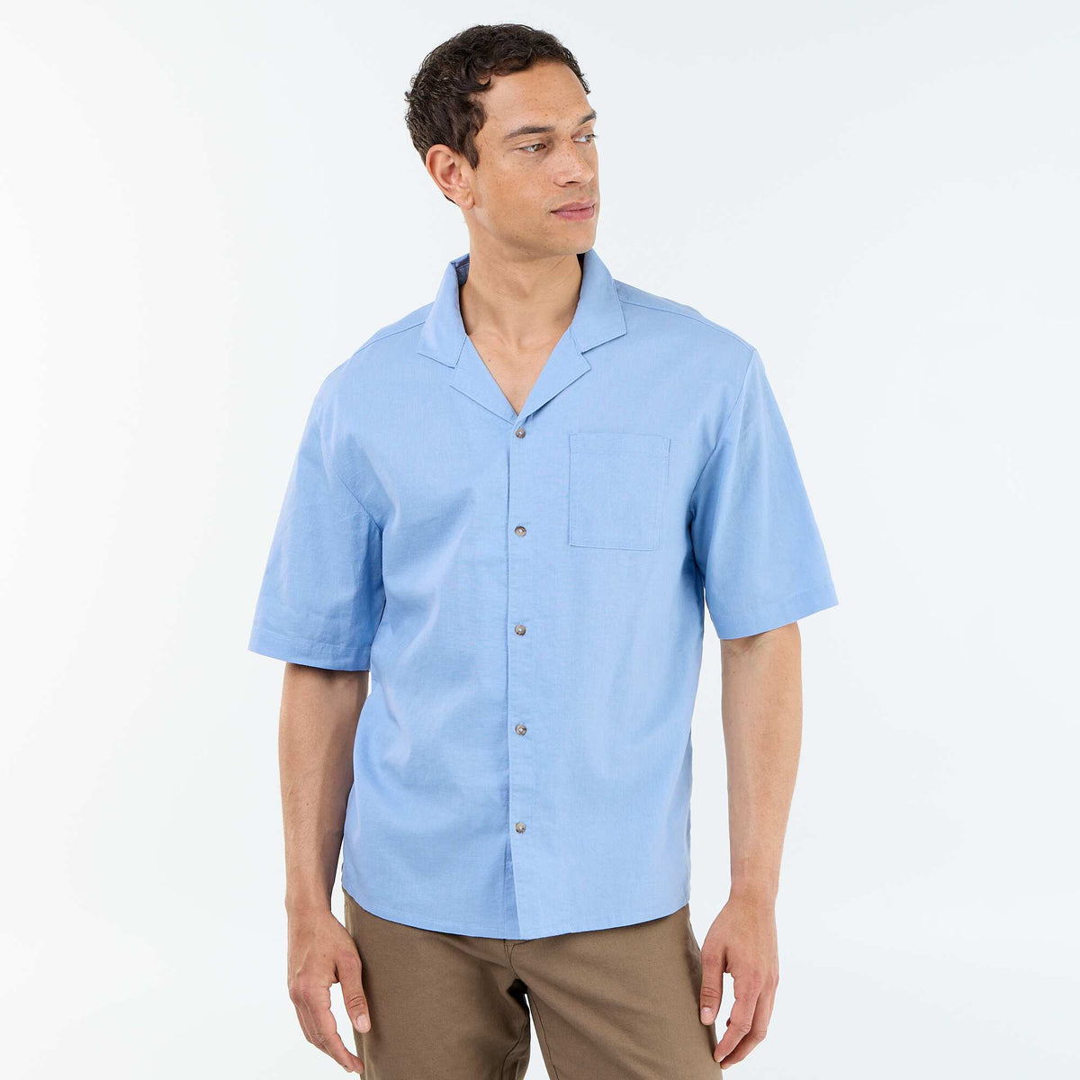 Camisa de manga corta de lino mezclado con bolsillo en el pecho AZUL